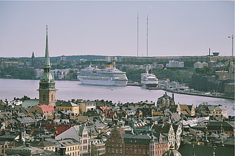 Stockholm skyline with cruise ships in the harbor