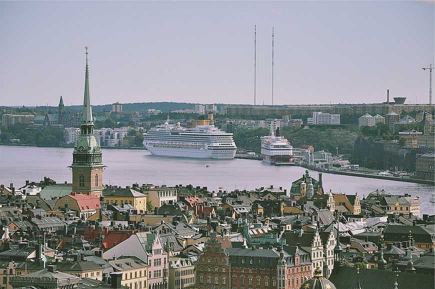 Stockholm skyline with cruise ships in the harbor