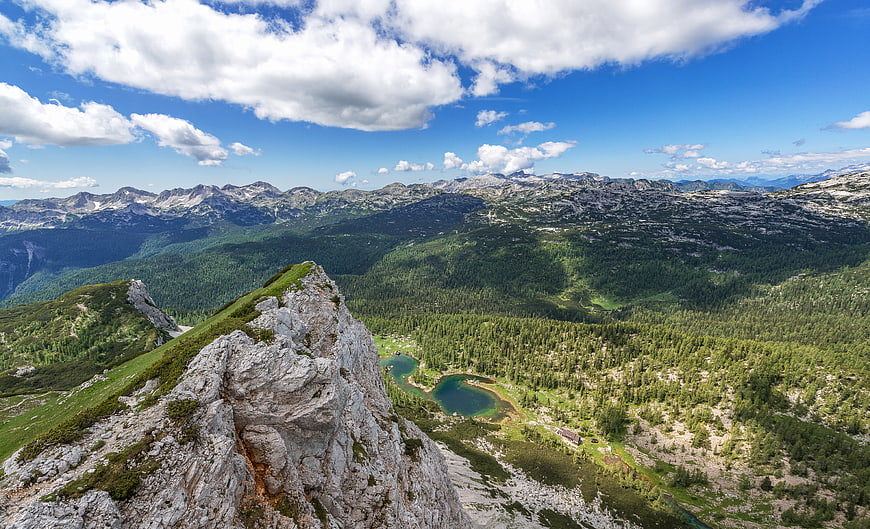 Panoramic Alpine Mountain Ridge with Forest and Lakes