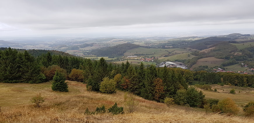 Panoramic view of rolling hills and forest in autumn