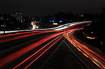 Long exposure night traffic light trails on a highway