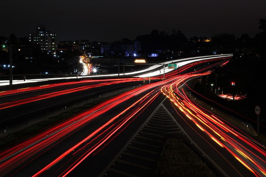 Long exposure night traffic light trails on a highway