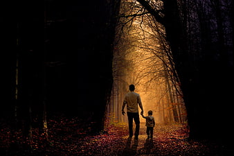 Father and Son Walking Hand in Hand in Misty Autumn Forest