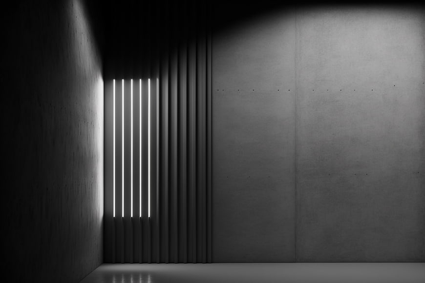 Minimalist dark concrete room with vertical neon light strips