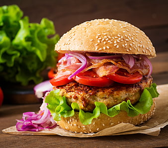 Delicious Gourmet Burger with Bacon and Fresh Lettuce