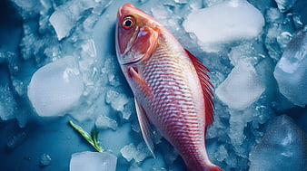 Fresh Red Snapper Fish on Ice with Rosemary