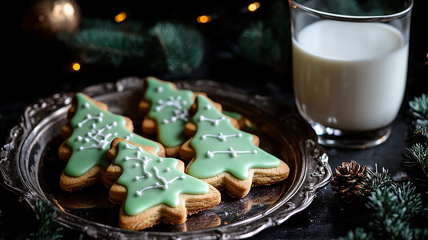 Green Christmas Tree Cookies on Silver Platter with Milk