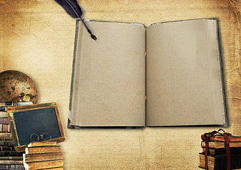 Vintage Open Book With Quill Pen, Globe, And Stacked Books On Textured Background