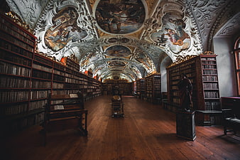 Baroque Library Interior with Ornate Ceiling and Bookshelves