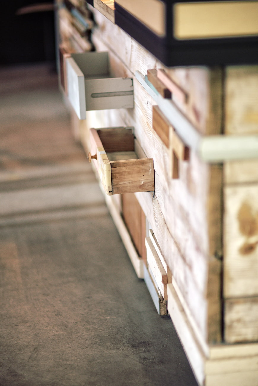 Vintage wooden drawers with shallow depth of field