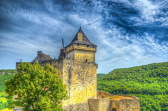 Medieval French Castle Tower with Dramatic HDR Sky