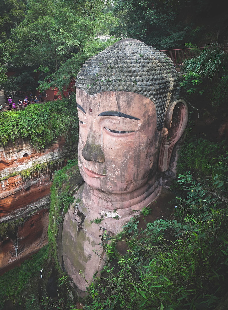 Leshan Giant Buddha Head Close-Up in Lush Greenery