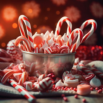 Festive Christmas Candy Bowl with Candy Canes and Peppermint Sweets