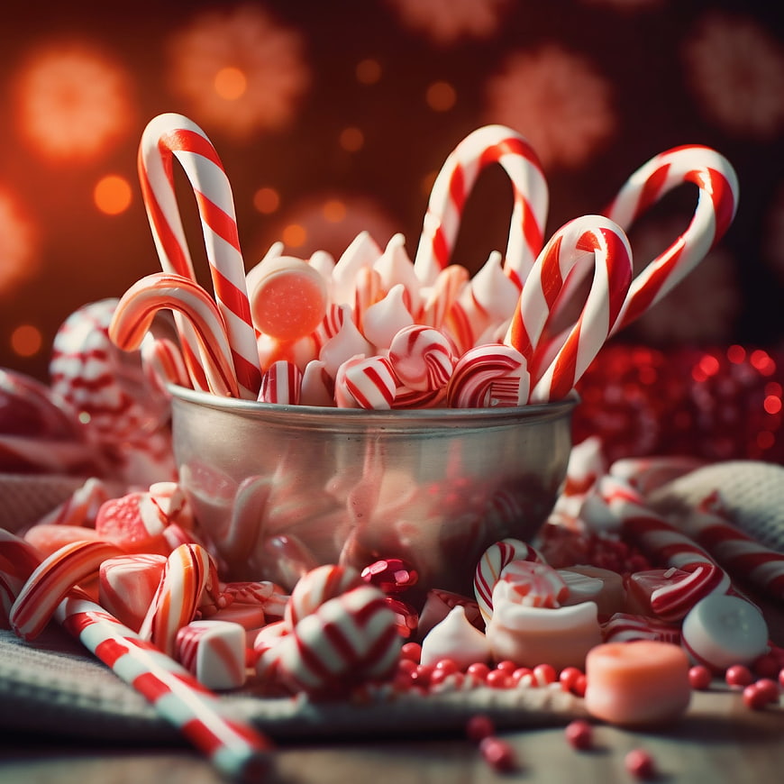 Festive Christmas Candy Bowl with Candy Canes and Peppermint Sweets