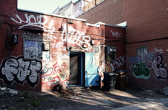 Urban alleyway with graffiti-covered brick walls and blue door