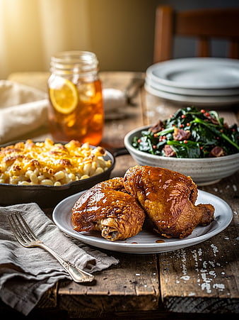 Southern Fried Chicken Meal with Mac and Cheese and Greens