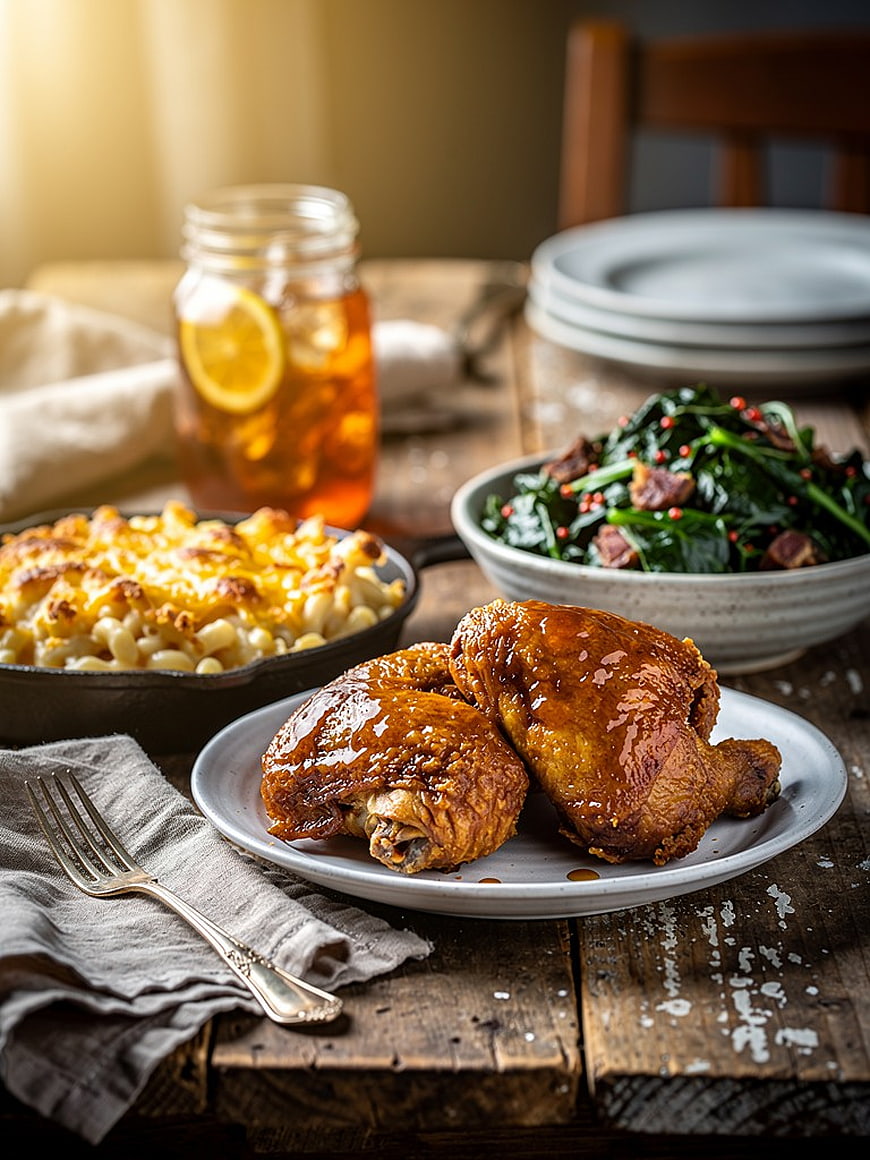 Southern Fried Chicken Meal with Mac and Cheese and Greens