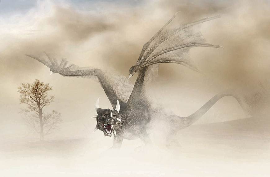 Mystical Dragon Roaring in Foggy Fantasy Landscape