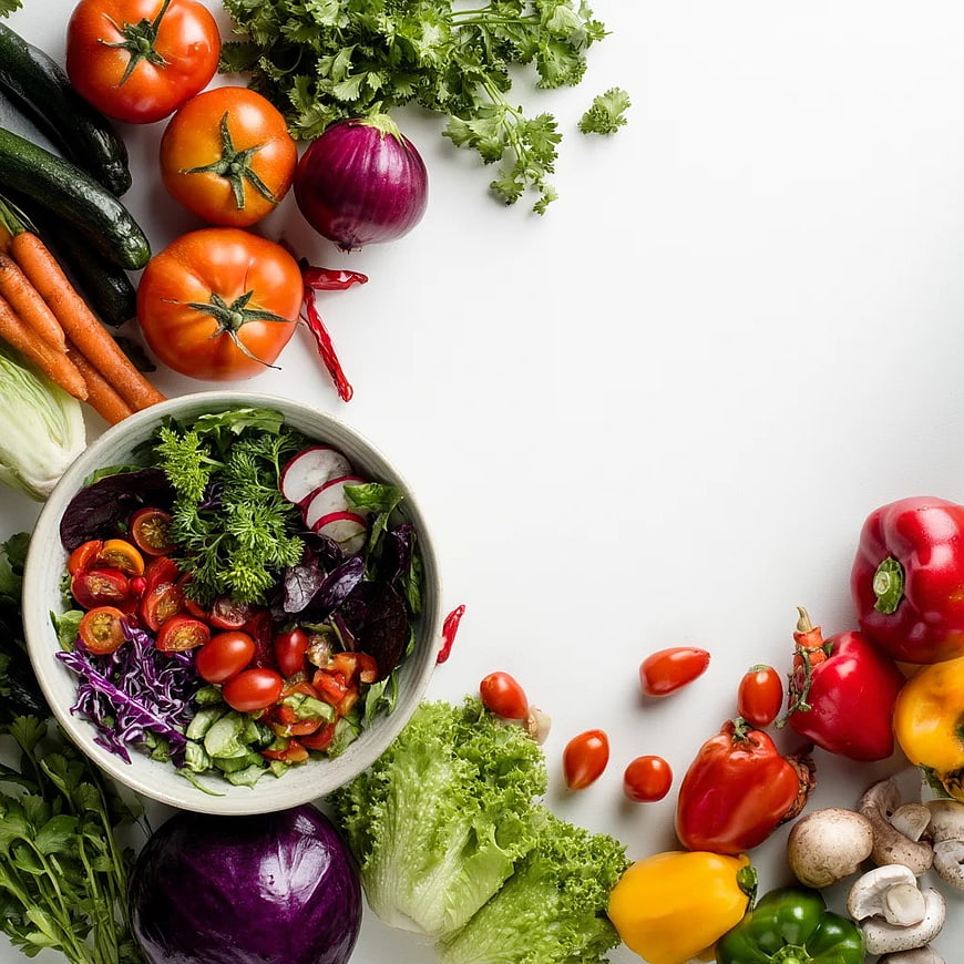 Fresh Vegetable Salad Bowl with Raw Ingredients Flat Lay
