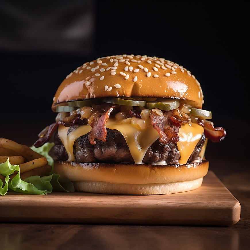 Juicy Bacon Cheeseburger with Fries on Wooden Board