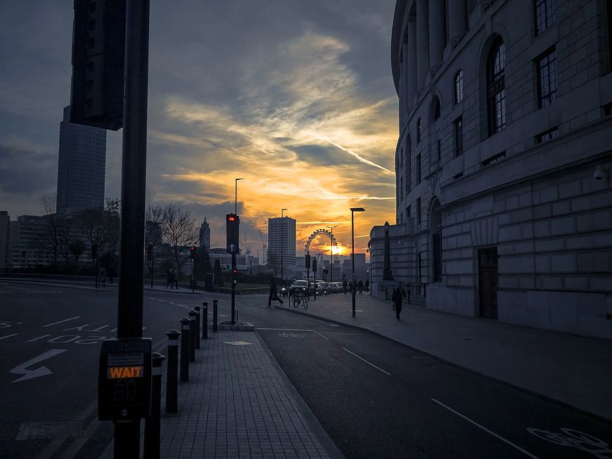 London Street Scene at Sunset with London Eye