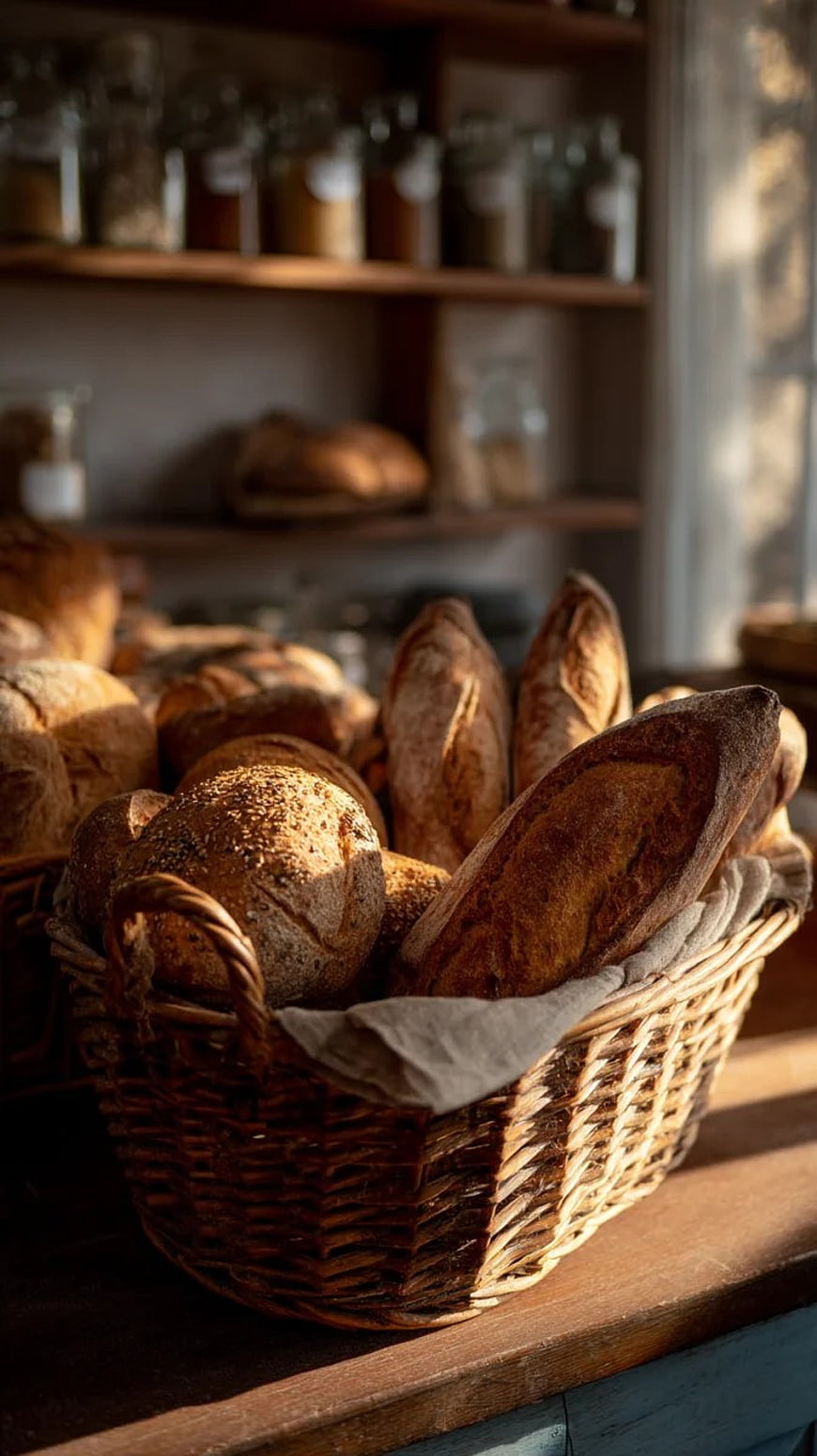 Rustic Artisan Breads in Woven Basket