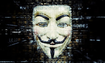 Anonymous hacker mask with digital glitch effect and code background