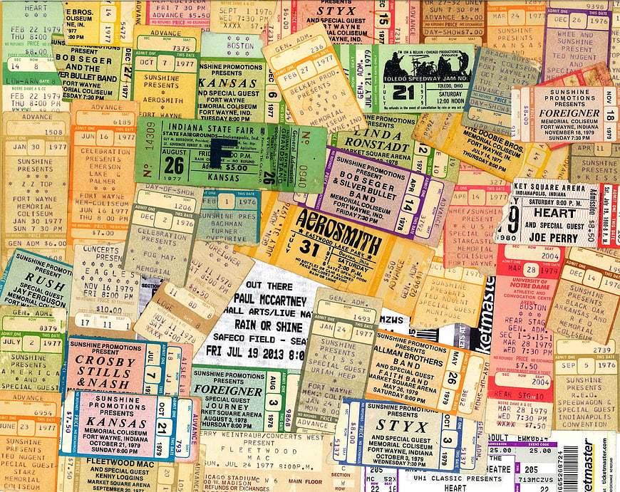 Vintage Concert Ticket Stubs Flat Lay Background