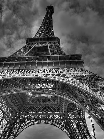 Dramatic Black and White Low Angle Eiffel Tower Architecture