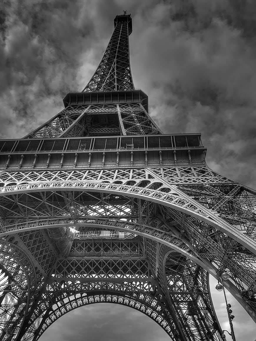 Dramatic Black and White Low Angle Eiffel Tower Architecture
