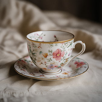 Vintage Floral Teacup and Saucer on Linen