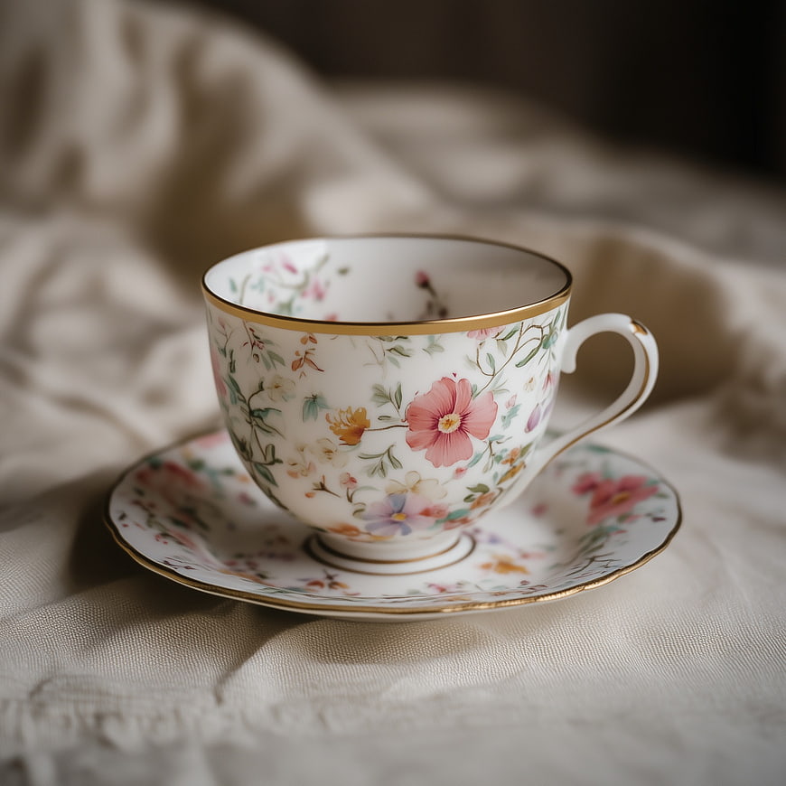 Vintage Floral Teacup and Saucer on Linen