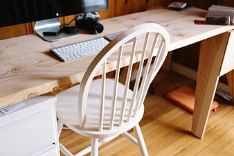 White Wooden Chair at Minimalist Wooden Desk Workspace