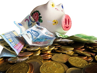 Decorative Ceramic Piggy Bank Surrounded By Euro Banknotes And Coins