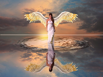 Digital art of angel woman with wings standing on water reflection