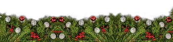 Christmas Pine Border with Red and Silver Ornaments on White