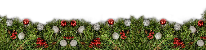 Christmas Pine Border with Red and Silver Ornaments on White