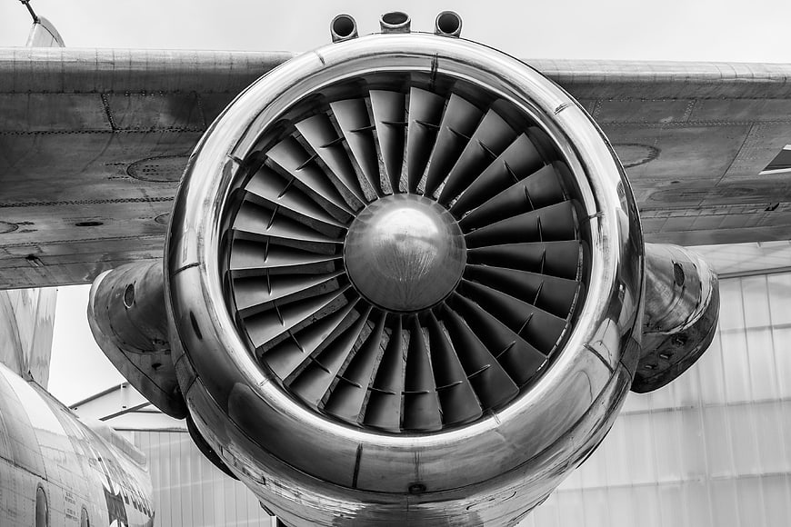 Close-up of vintage airplane jet engine turbine blades