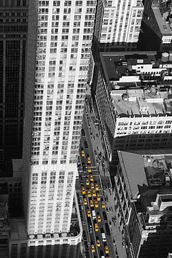 Aerial View of New York City Traffic with Yellow Taxis