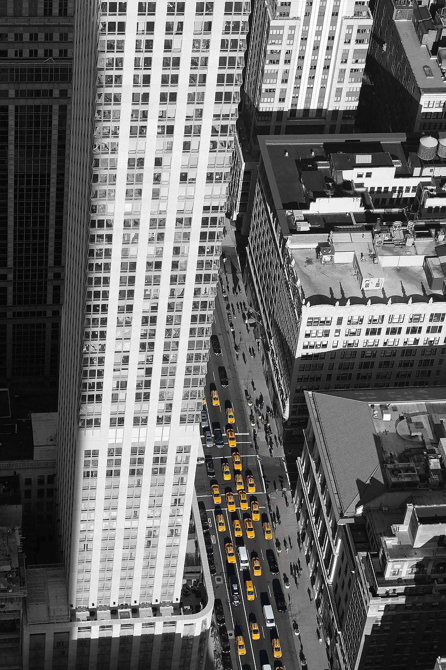 Aerial View of New York City Traffic with Yellow Taxis