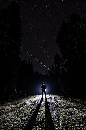 Silhouette of Man Standing on Dark Forest Road Under Starry Sky