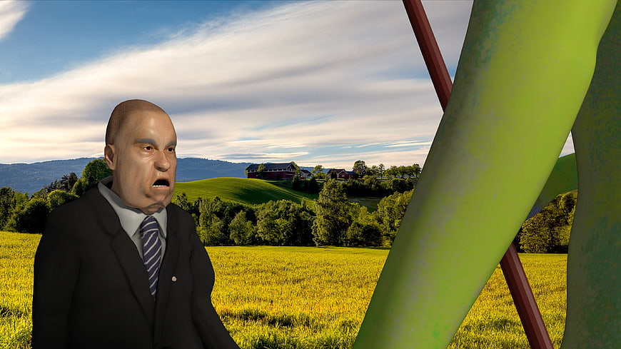 3D Rendered Man in Suit with Surreal Green Structure in Field