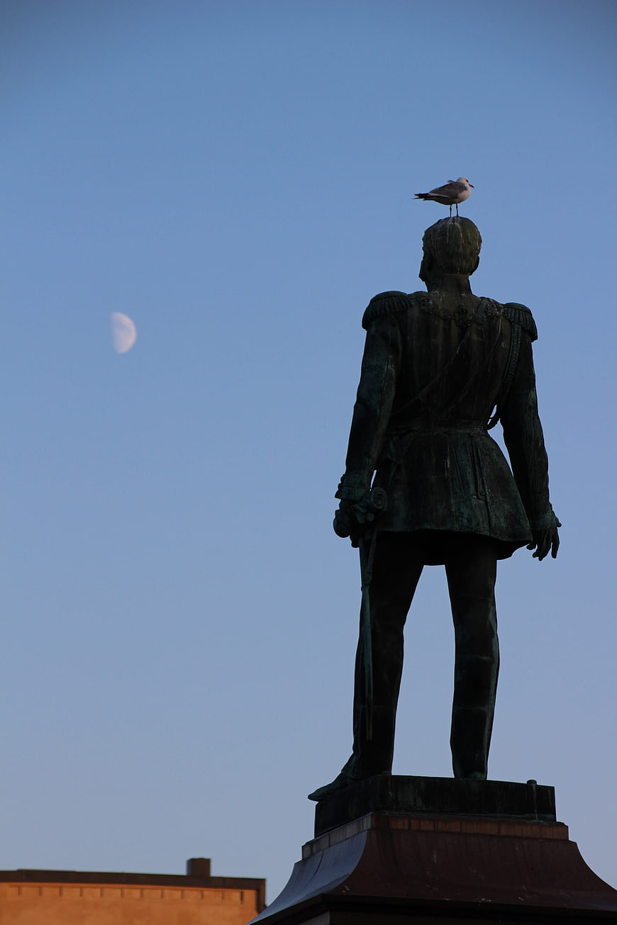 Seagull perched on bronze statue head against blue sky