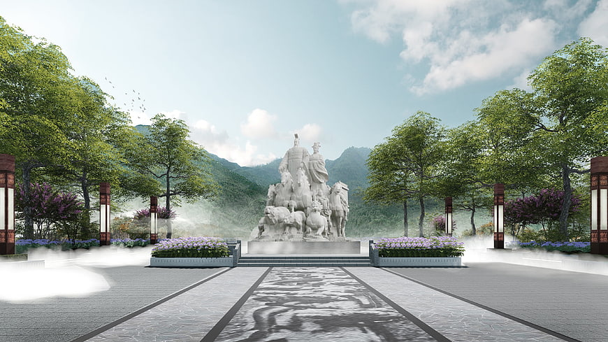 3D architectural visualization of a grand plaza with a historical statue and mountains