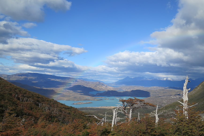 Panoramic View of Torres del Paine National Park with Rainbow