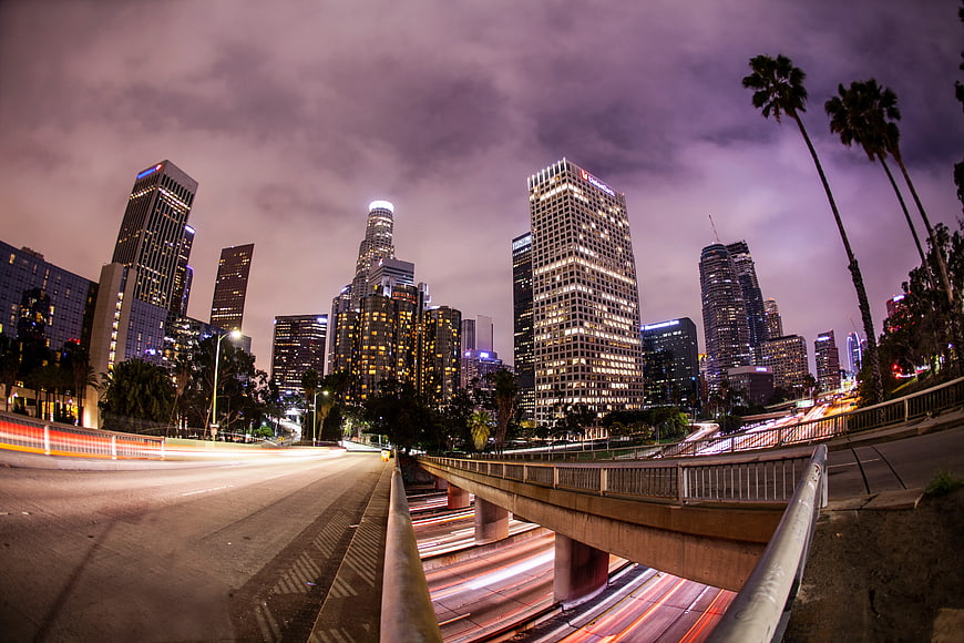 Los Angeles Downtown Skyline Night with Light Trails
