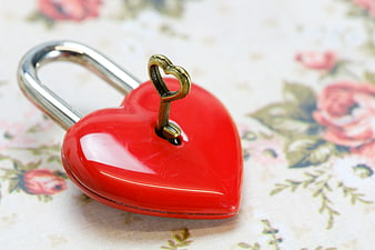 Red Heart Padlock With Brass Key On Floral Background