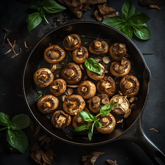 Sautéed Mushrooms in Cast Iron Skillet with Fresh Basil