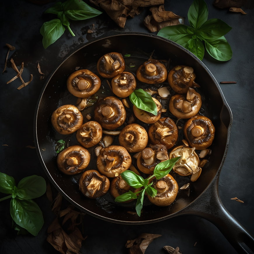Sautéed Mushrooms in Cast Iron Skillet with Fresh Basil