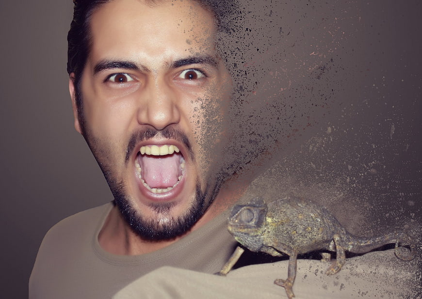 Man screaming with chameleon dissolving into dust